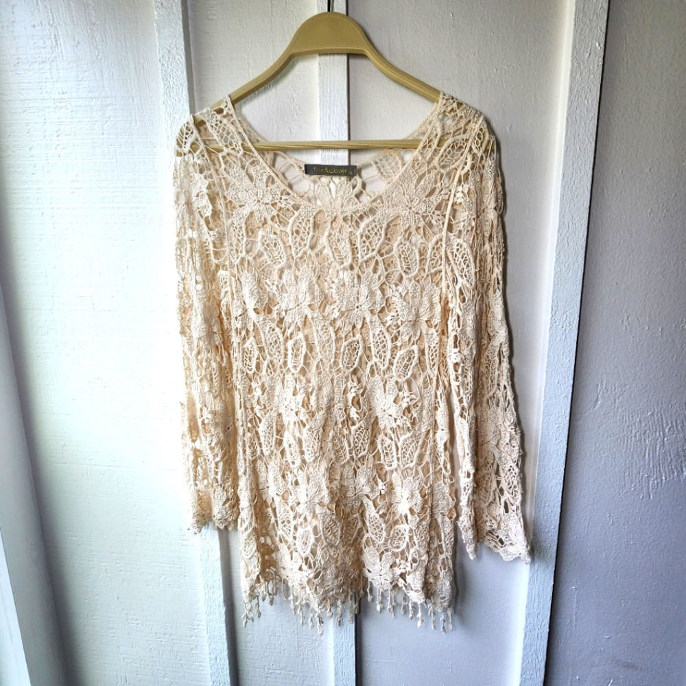 Finn & Clover Floral Crochet Lace Coverup Tunic Tan Cream Small Anthropologie